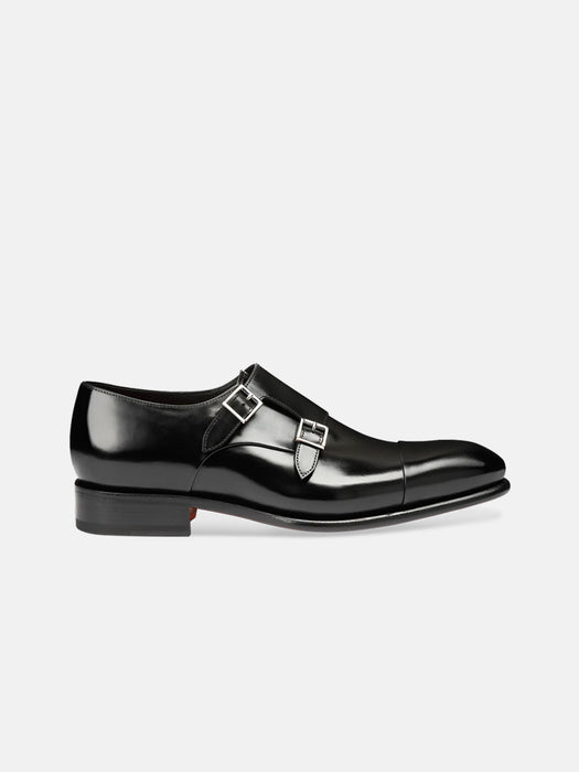 Santoni Polished Black Leather Double Monk