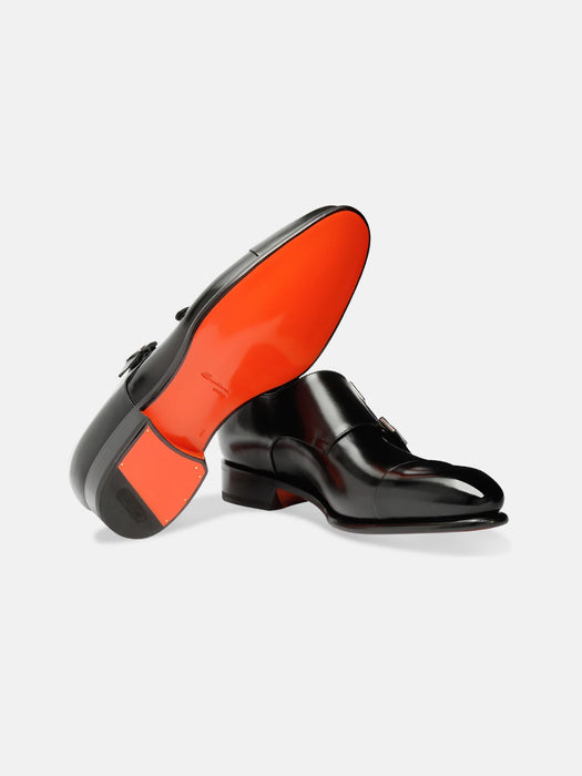 Santoni Polished Black Leather Double Monk