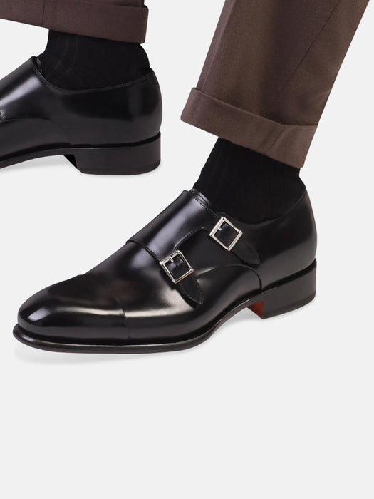 Santoni Polished Black Leather Double Monk