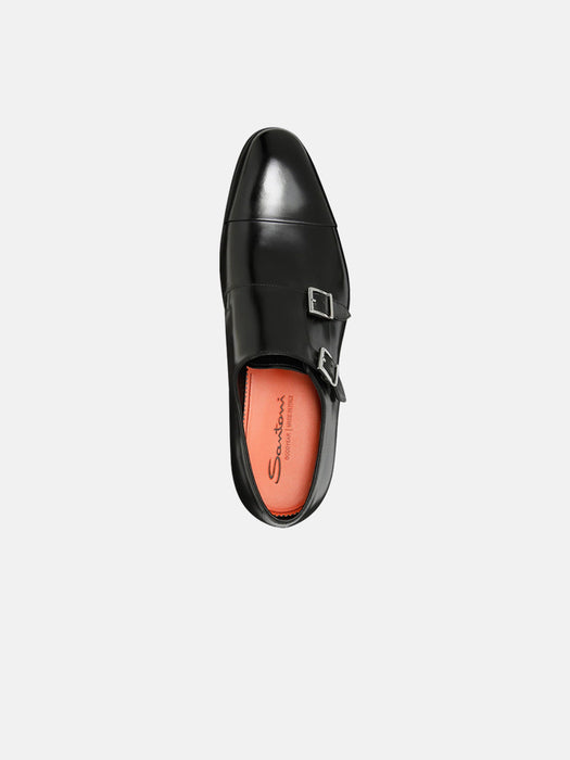 Santoni Polished Black Leather Double Monk